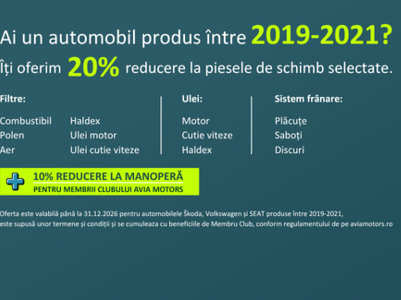 Ofertă 20% REDUCERE la piesele de schimb selectate pentru automobilele 2019 - 2021 - Avia Motors