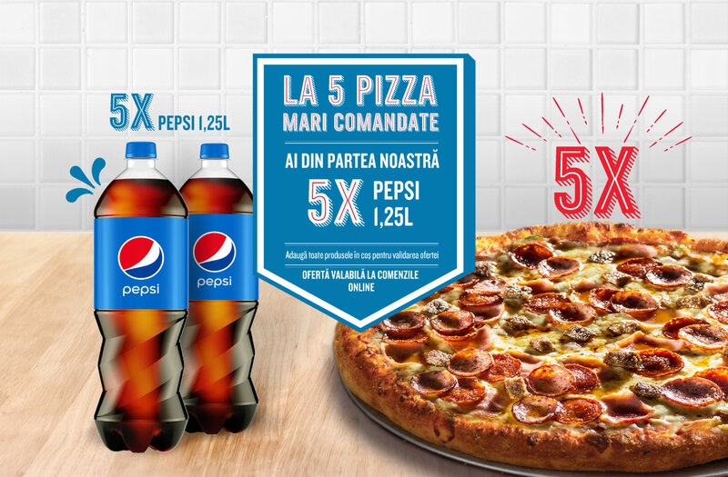 Ofertă La 5 pizza mari ai 5 sticle de Pepsi - Domino's Pizza