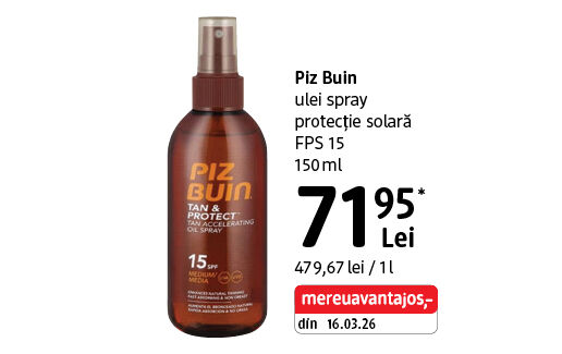 Piz Buin ulei spray protecție solară FPS 15